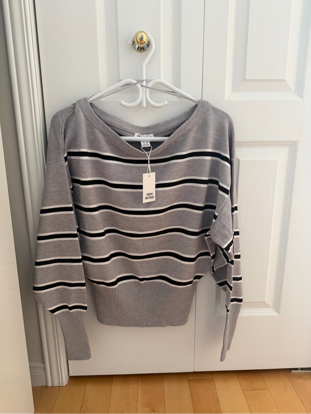 Urban Heritage Gray Striped Crewneck Sweater with Black & White Bands